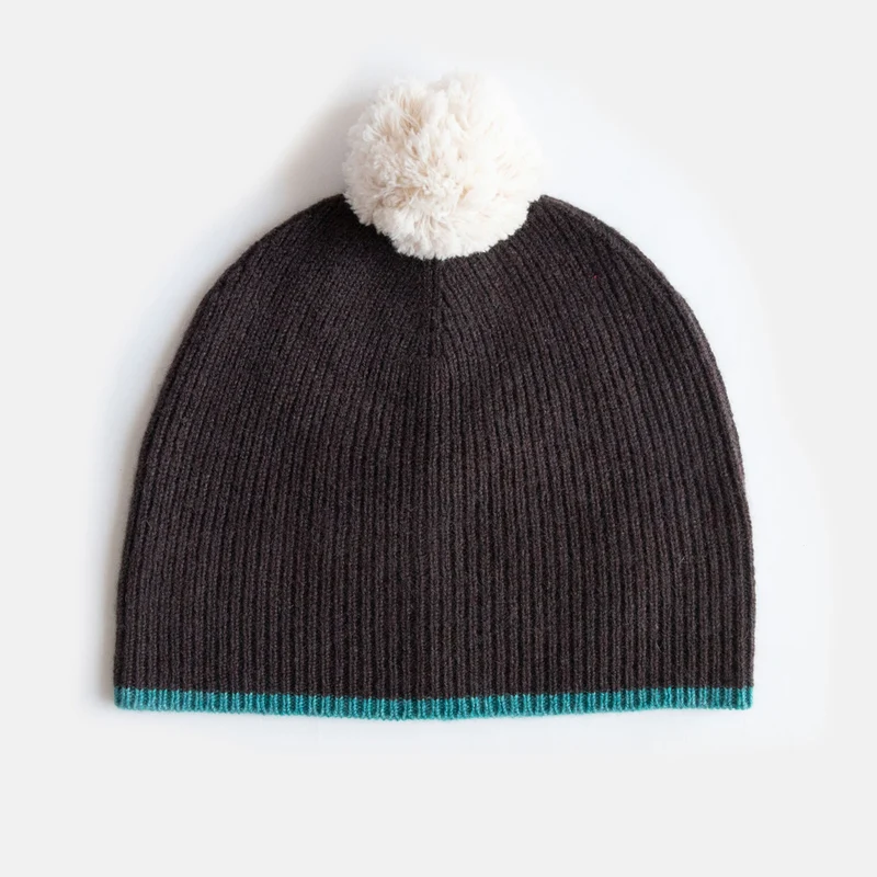 Dark Brown Rib Lightweight Cashmere Pom Beanie Hat