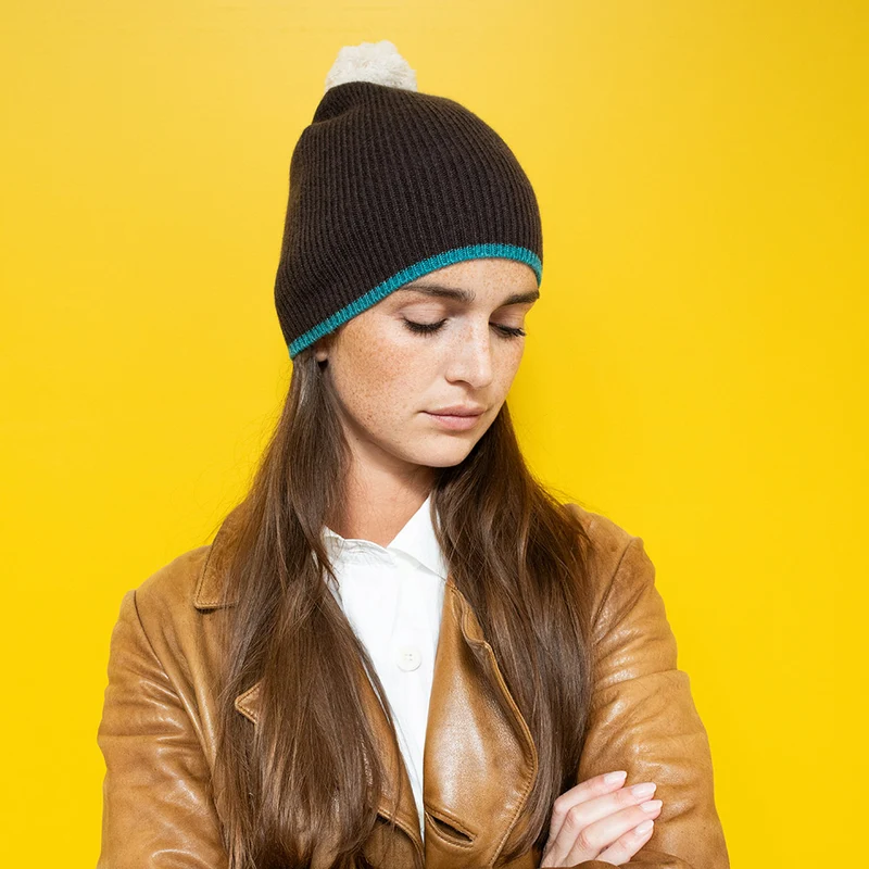 Dark Brown Rib Lightweight Cashmere Pom Beanie Hat