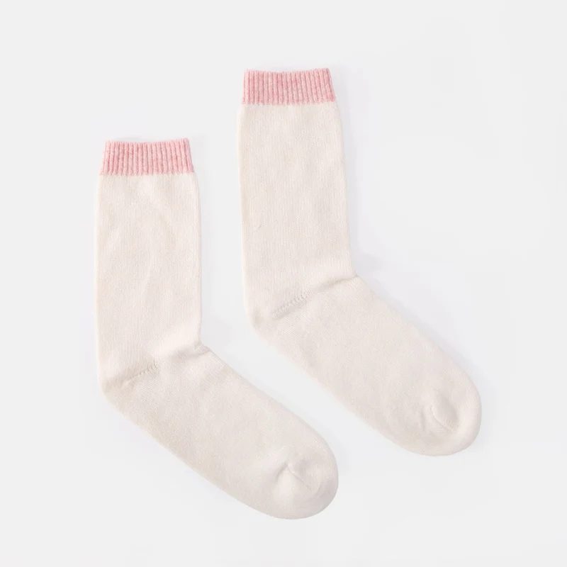 Cream & Pink Rib Organic Cashmere Bed Socks