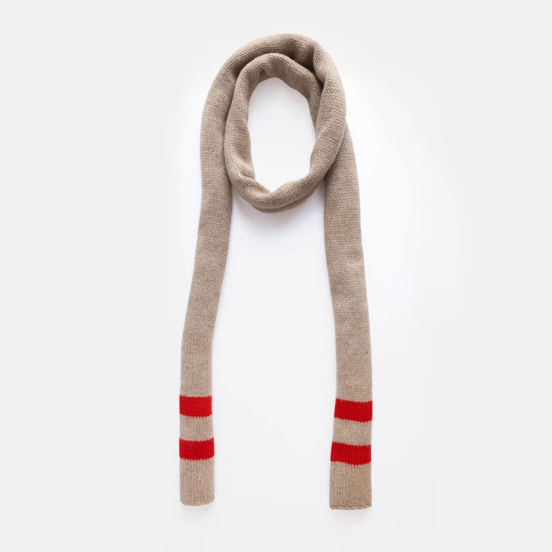 Ludlow Taupe & Red Stripe Organic Cashmere Skinny Scarf