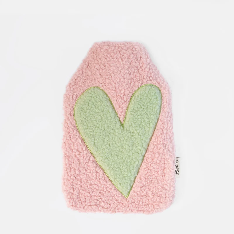 Light Pink & Green Heart Borg Hot Water Bottle