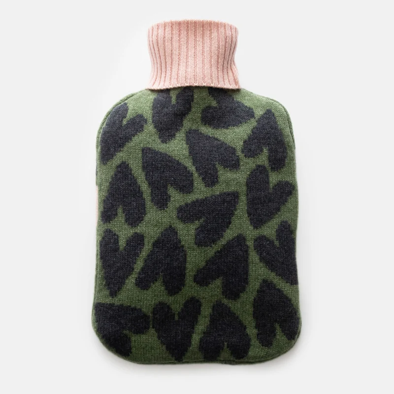 Khaki/Grey Hearts Merino Hot Water Bottle