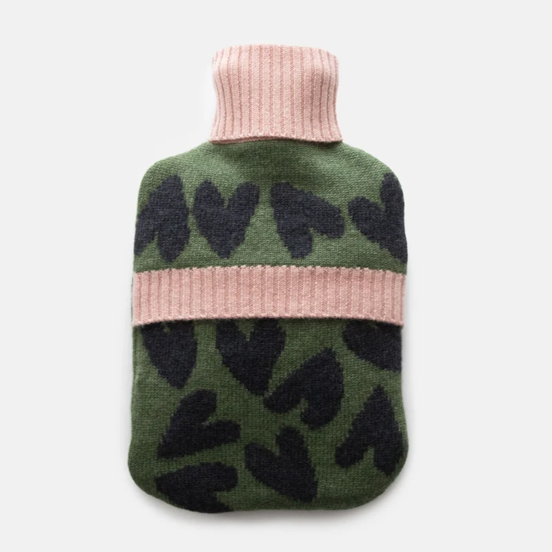 Khaki/Grey Hearts Merino Hot Water Bottle
