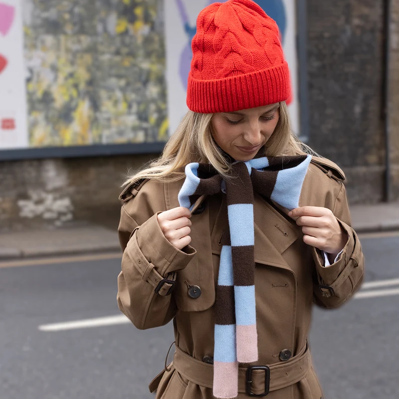 Arctic Blue, Brown & Pink Stripe Organic Cashmere Skinny Scarf