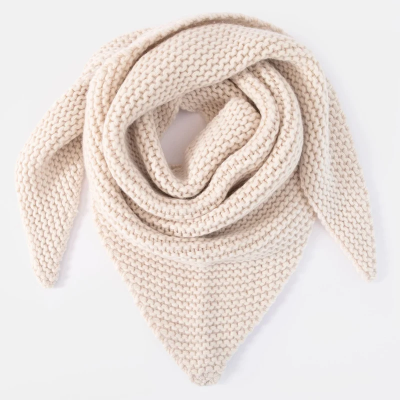 Cream Chunky Link Knit Organic Cashmere Triangle Scarf