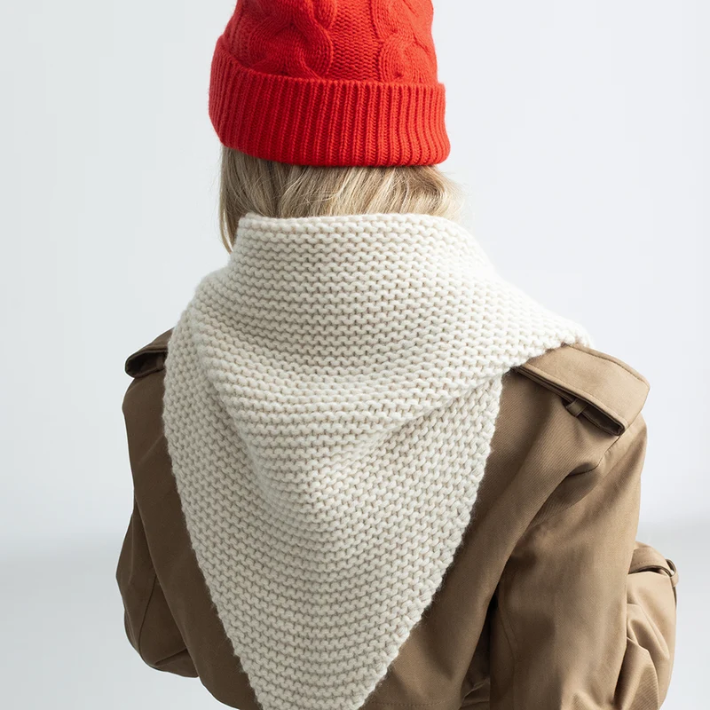 Cream Chunky Link Knit Organic Cashmere Triangle Scarf