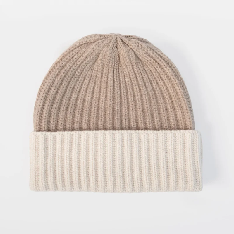 Ludlow Taupe & Cream Rib Knit Organic Cashmere Beanie Hat