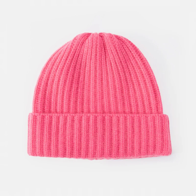 Pink Rib Knit Organic Cashmere Beanie Hat