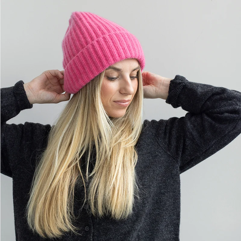 Pink Rib Knit Organic Cashmere Beanie Hat