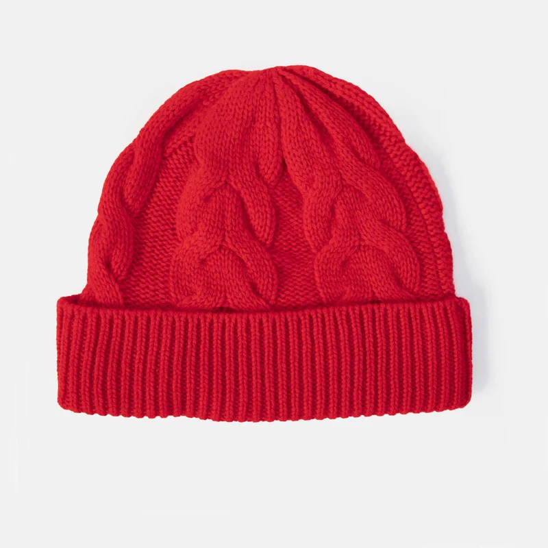 Red Cable Knit Organic Cashmere Beanie Hat
