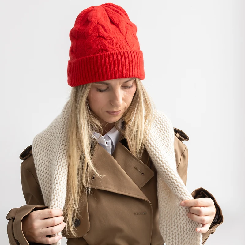Red Cable Knit Organic Cashmere Beanie Hat