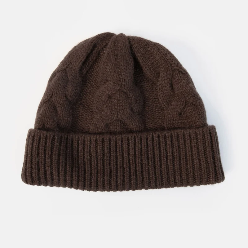 Dark Brown Cable Knit Organic Cashmere Beanie Hat