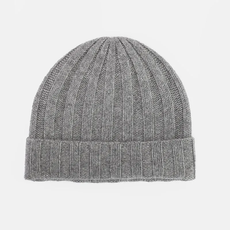 Grey Wide Rib Organic Cashmere Beanie Hat