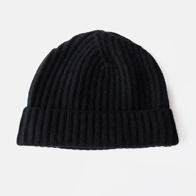 Black Swirl Rib Organic Cashmere Beanie Hat