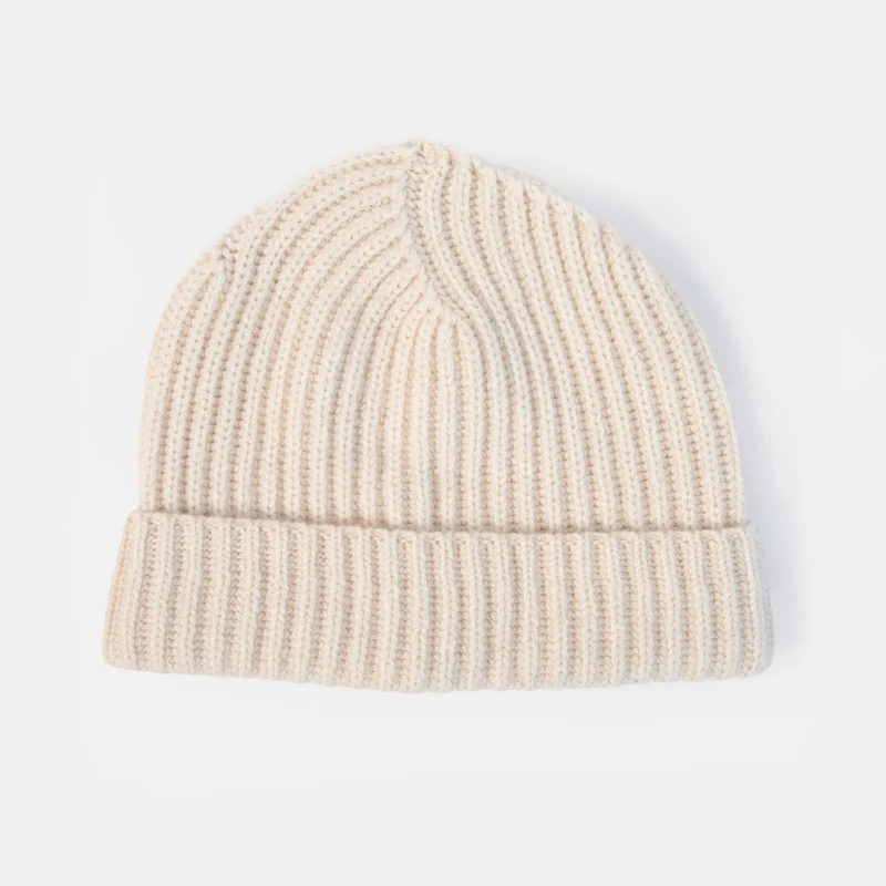 Cream Swirl Rib Organic Cashmere Beanie Hat