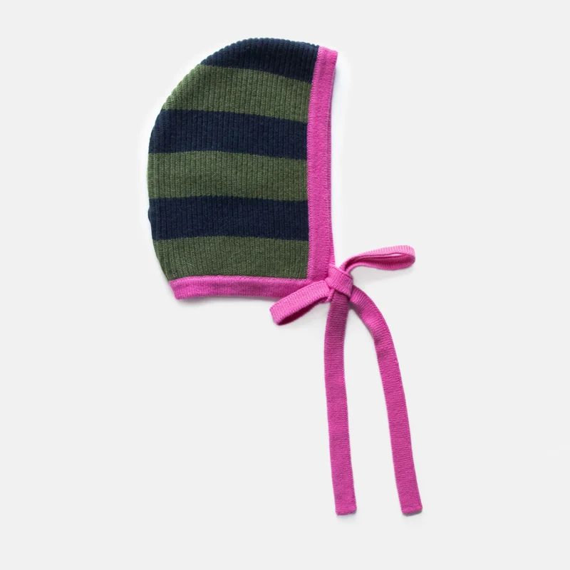 Navy/Khaki Stripe Knitted Cashmere Bonnet