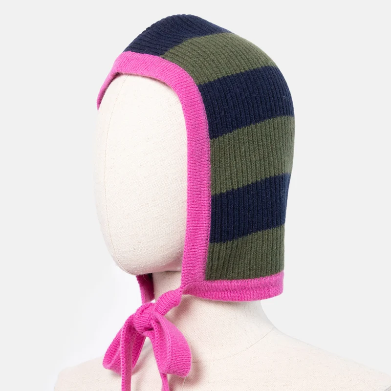 Navy/Khaki Stripe Knitted Cashmere Bonnet