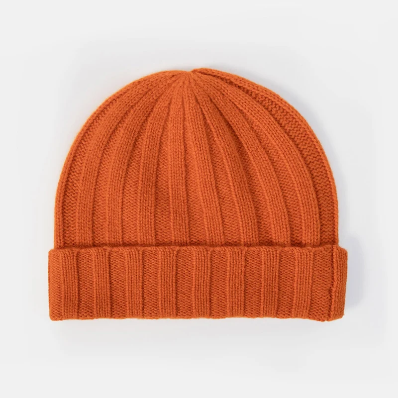 Orange Wide Rib Organic Cashmere Beanie Hat