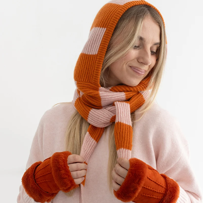 Pale Pink & Orange Stripe Cashmere Hooded Scarf