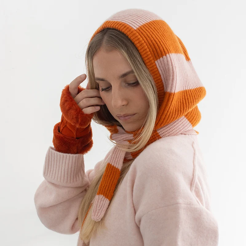 Pale Pink & Orange Stripe Cashmere Hooded Scarf