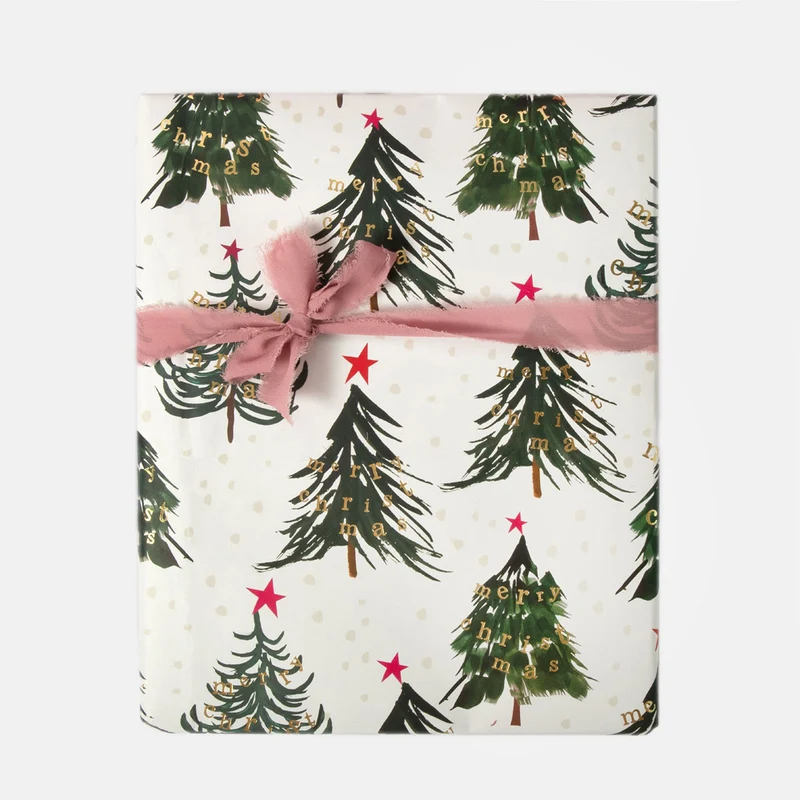 Christmas Trees With Gold Text Bunting Wrapping Paper