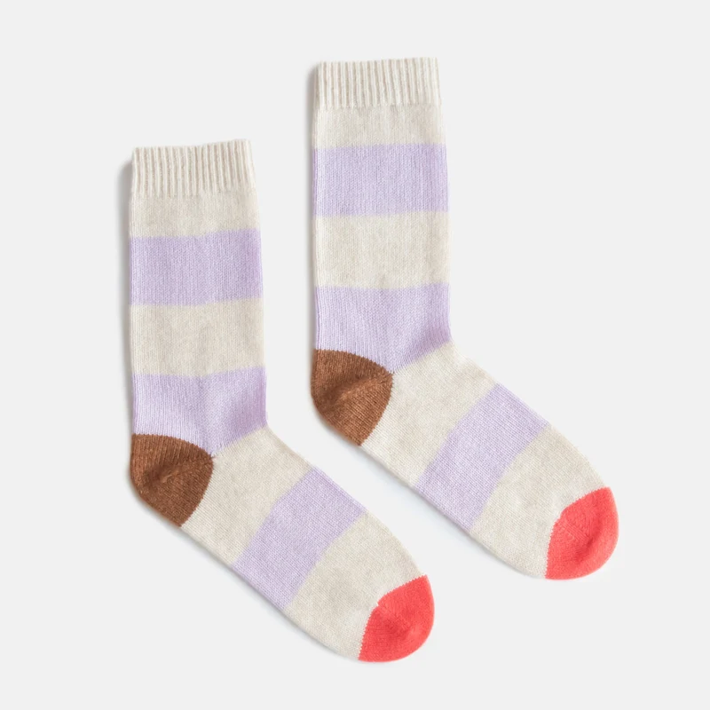 Lilac/Cream Stripe Cashmere Bed Socks