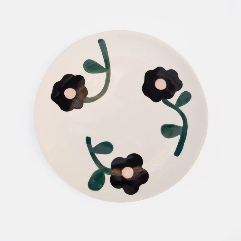 Charcoal, Green & Pink Flowers Ceramic Plate