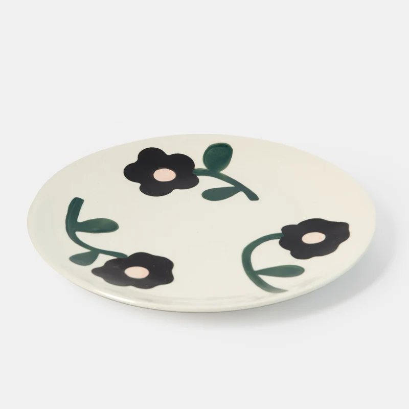 Charcoal, Green & Pink Flowers Ceramic Plate