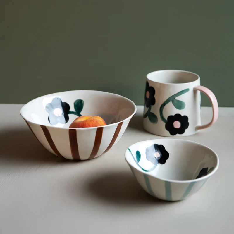 Rust Stripe & Flowers Medium Bowl