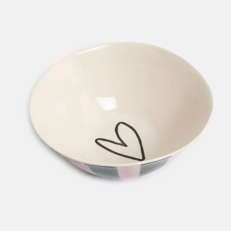 Pink & Dark Green Stripe & Heart Deep Bowl