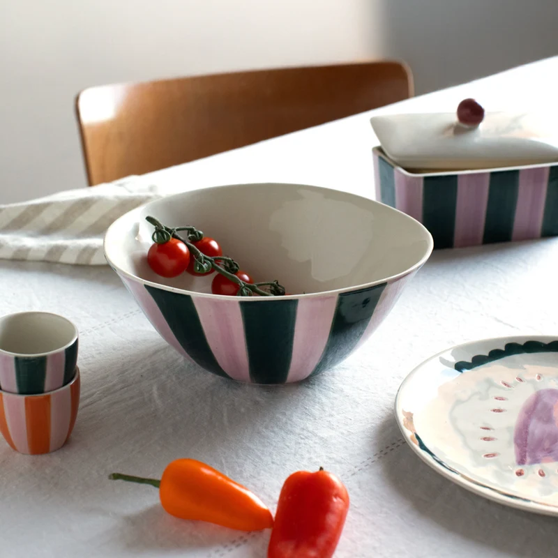 Pink & Dark Green Stripe & Heart Deep Bowl