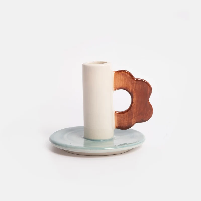 Blue/Brown Flower Stoneware Candle Holder