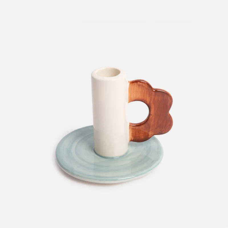 Blue/Brown Flower Stoneware Candle Holder