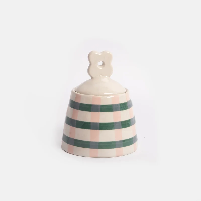 Pink & Green Check Stoneware Pot