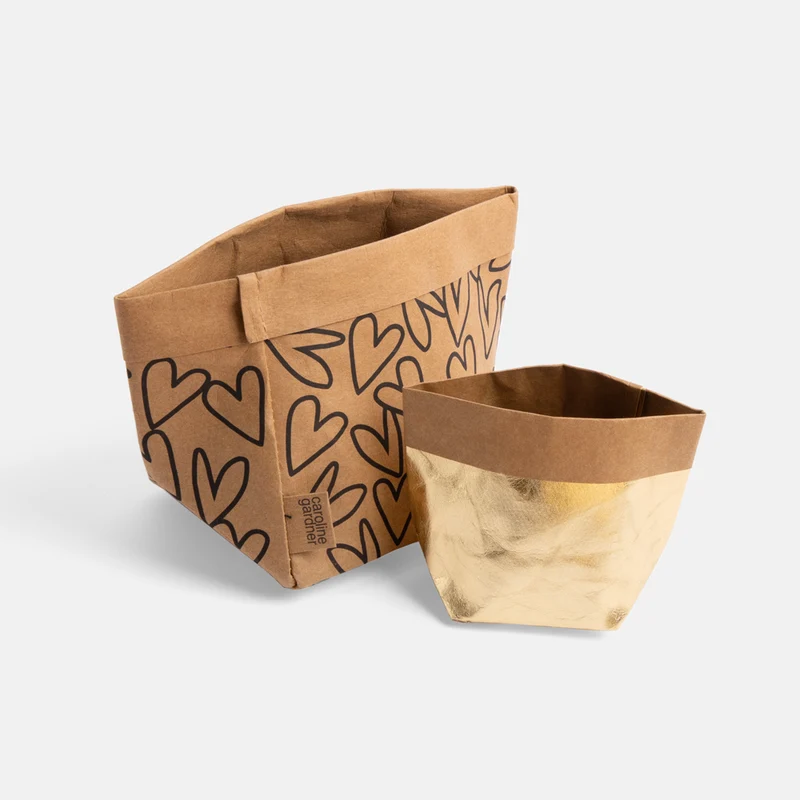 Gold/Kraft Outline Hearts Paper Storage Pots Set of 2