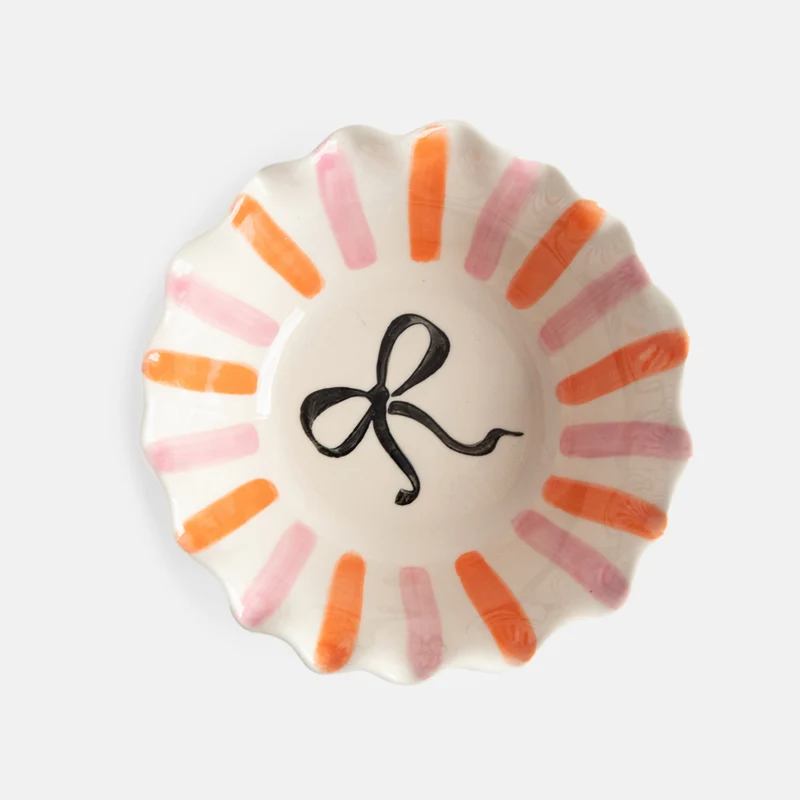Pink/Orange Stripe Bow Scallop Edge Cereal Bowl