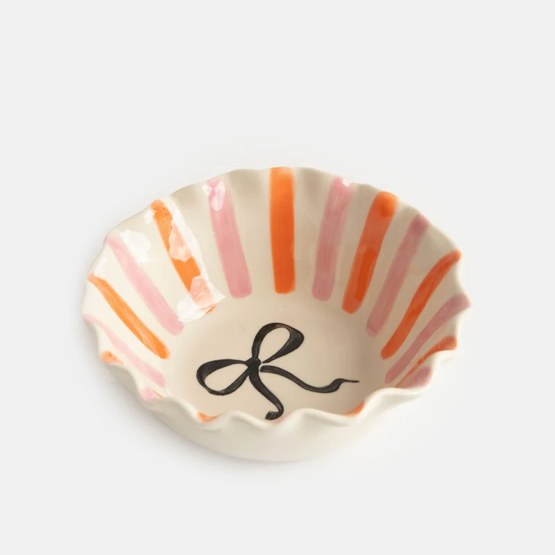 Pink/Orange Stripe Bow Scallop Edge Cereal Bowl