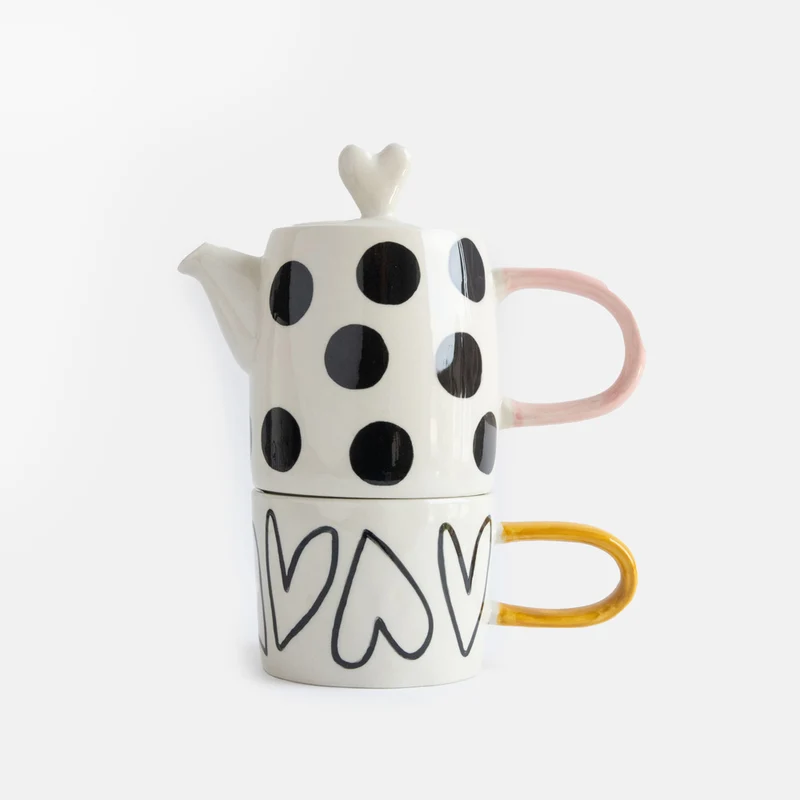 Mono Spots/Hearts Ceramic Teapot & Mug Set