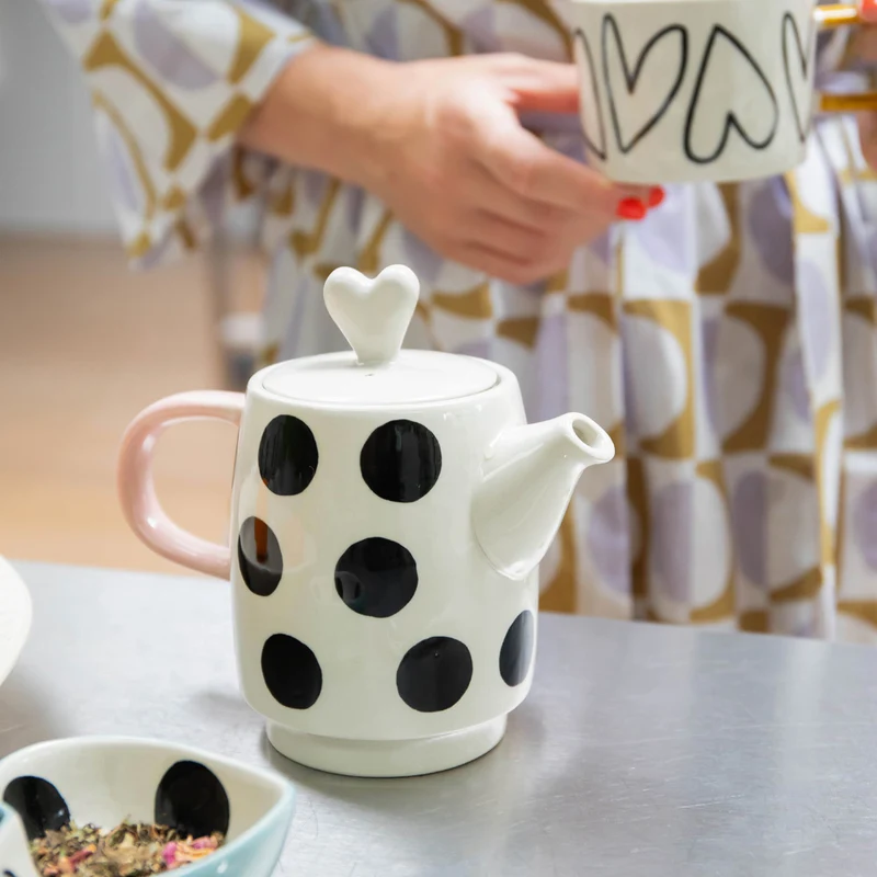 Mono Spots/Hearts Ceramic Teapot & Mug Set