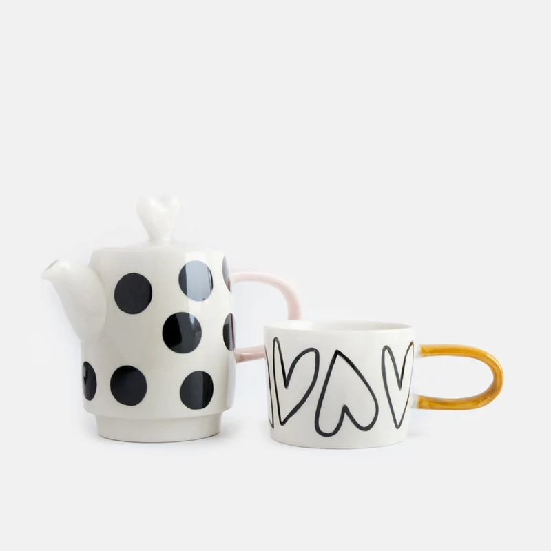 Mono Spots/Hearts Ceramic Teapot & Mug Set