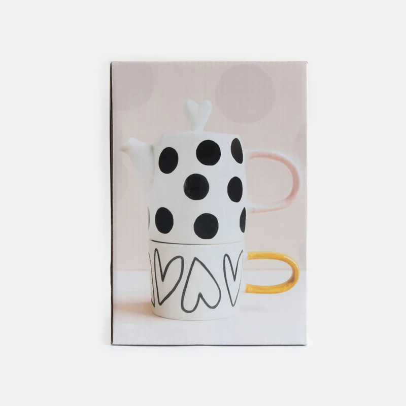 Mono Spots/Hearts Ceramic Teapot & Mug Set