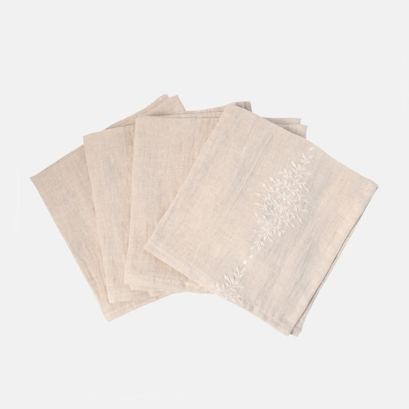 Natural/White Embroidered Linen Napkins Set of 4